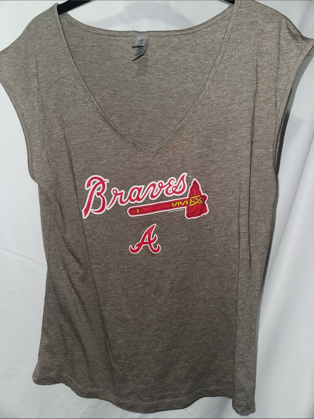 Next Level Apparel Heather Taupe Braves V-Neck Tank with Red Logo